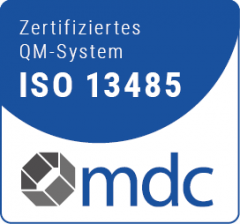 Erfüllung aller Qualitätsstandards der Medizinproduktebranche. Zertifizierungszeichen mdc ISO 13485